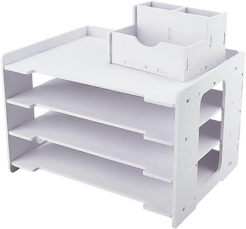 4-Layered Paper Storage Organizer Plastic Desk File Organizer with Pen Storage Holder Stackable Construction Paper Holder White Letter Tray with Handl