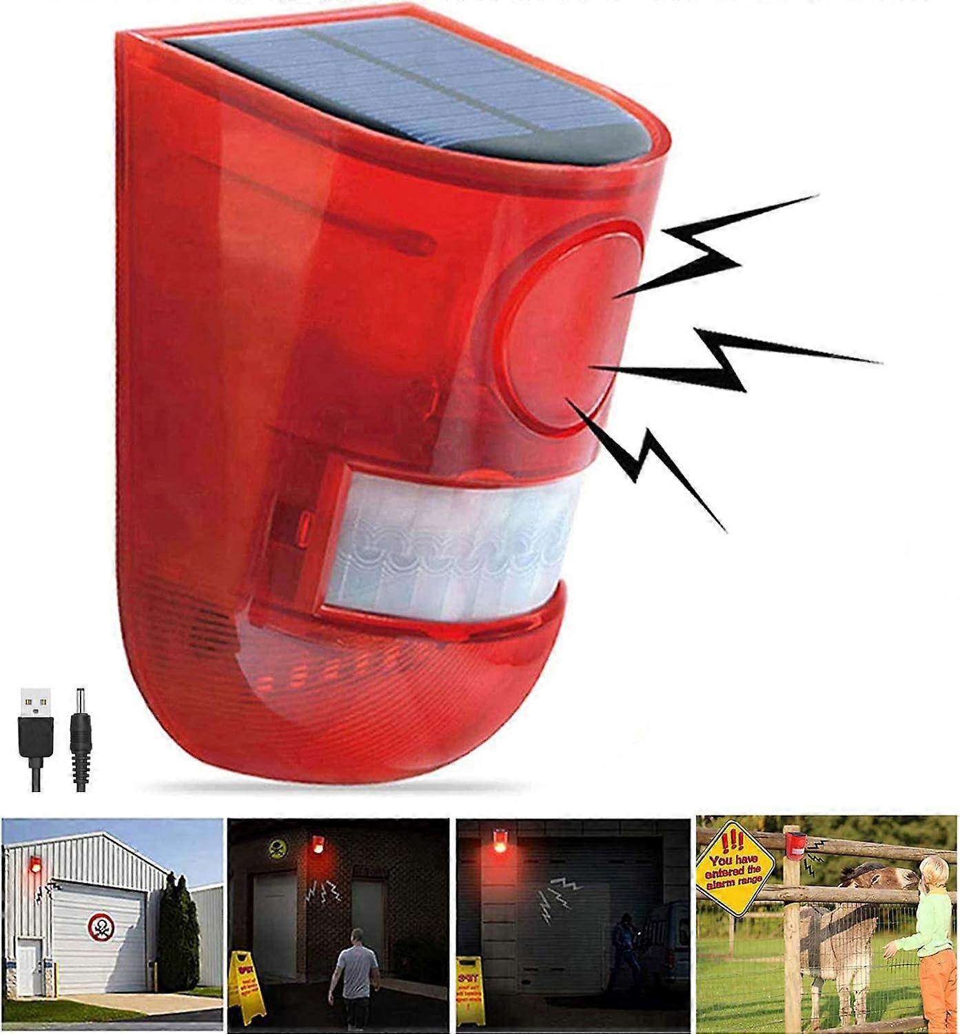 2 Solar with Sound Strobe Light, Wall Mounted Outdoor Motion Red Sensor Alarm, 4 Modes Motion Sensor, Alarm 129dB Home Fence Farm Yard Garage Barn