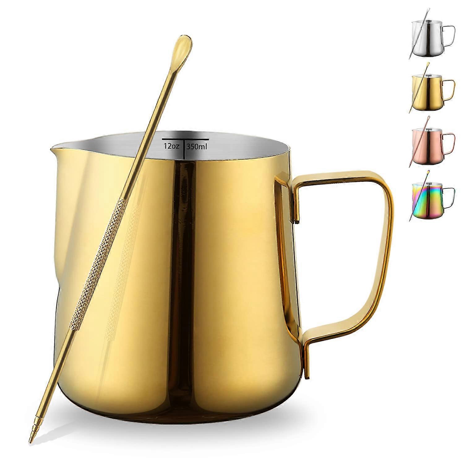 Milk Frothing Pitcher 12oz Gold Stainless Steel with Latte Art Pen, Precision Spout and Scale