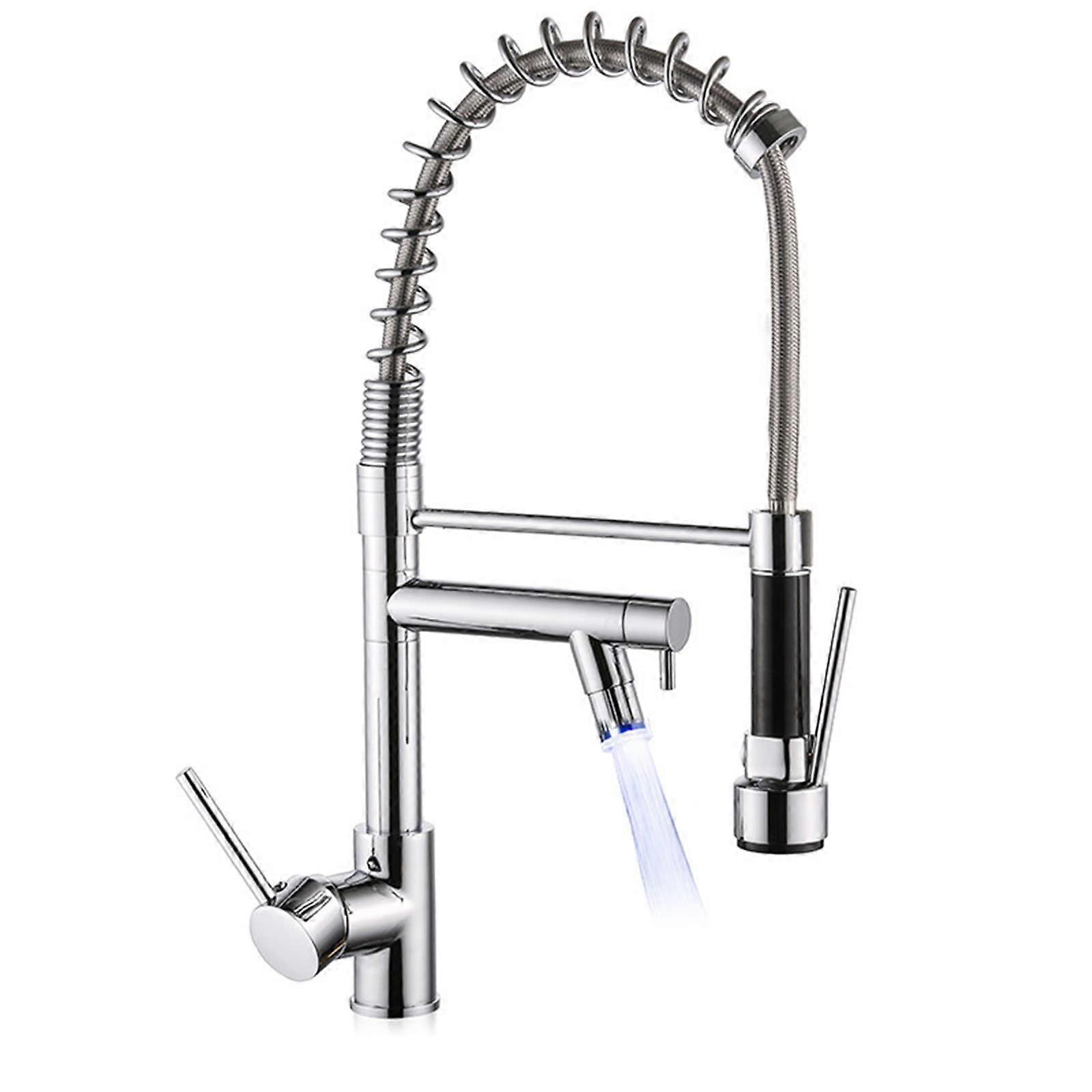 Kitchen Faucet with Pull Down Sprayer, LED Temperature Indicator, Dual Spout Chrome Brass Commercial Sink Tap
