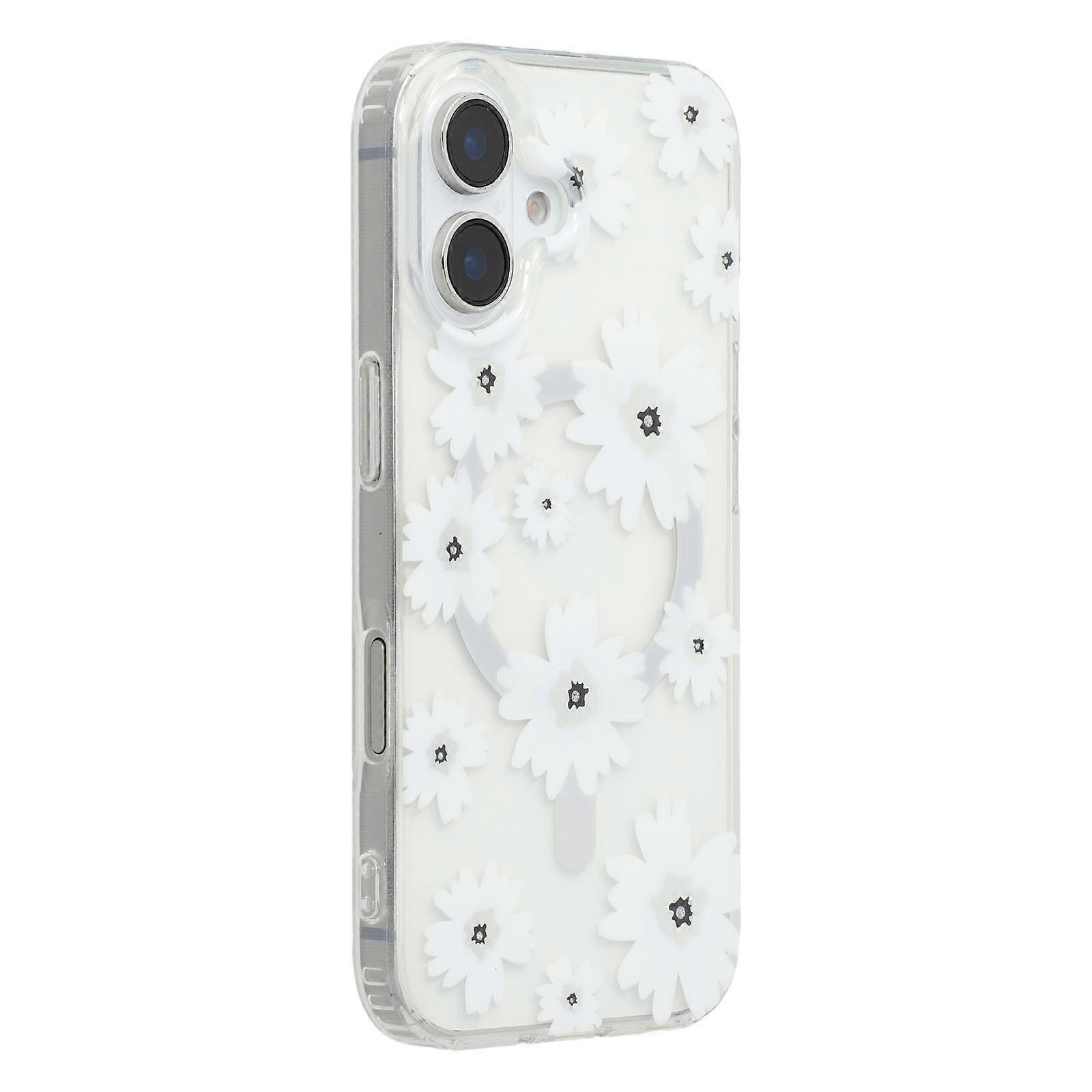 For iPhone 16 Plus Magnetic Case IMD Flower Pattern TPU+PC Clear Back Phone Cover