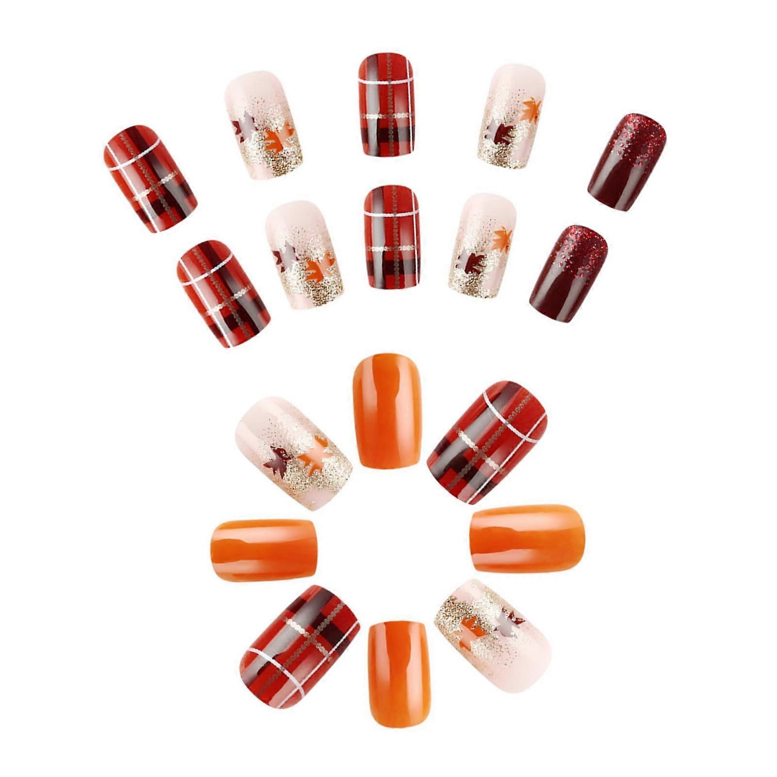 Thanksgiving Fall Press On Nails with Maple Leaf Glitter Tips, Square French False Nails Set