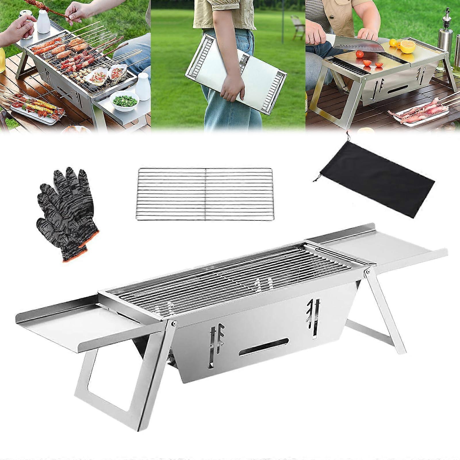 Portable Folding Charcoal Grill with 3Level Height Adjustment, Smokeless BBQ for Camping, White