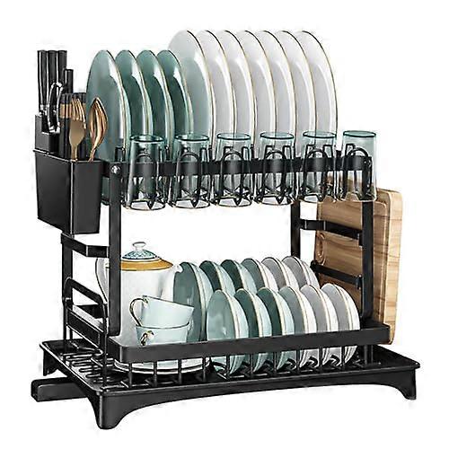 2 Tier Dish Drying Rack with Utensil Holder, Large Capacity Kitchen Dish Rack with Drain Board