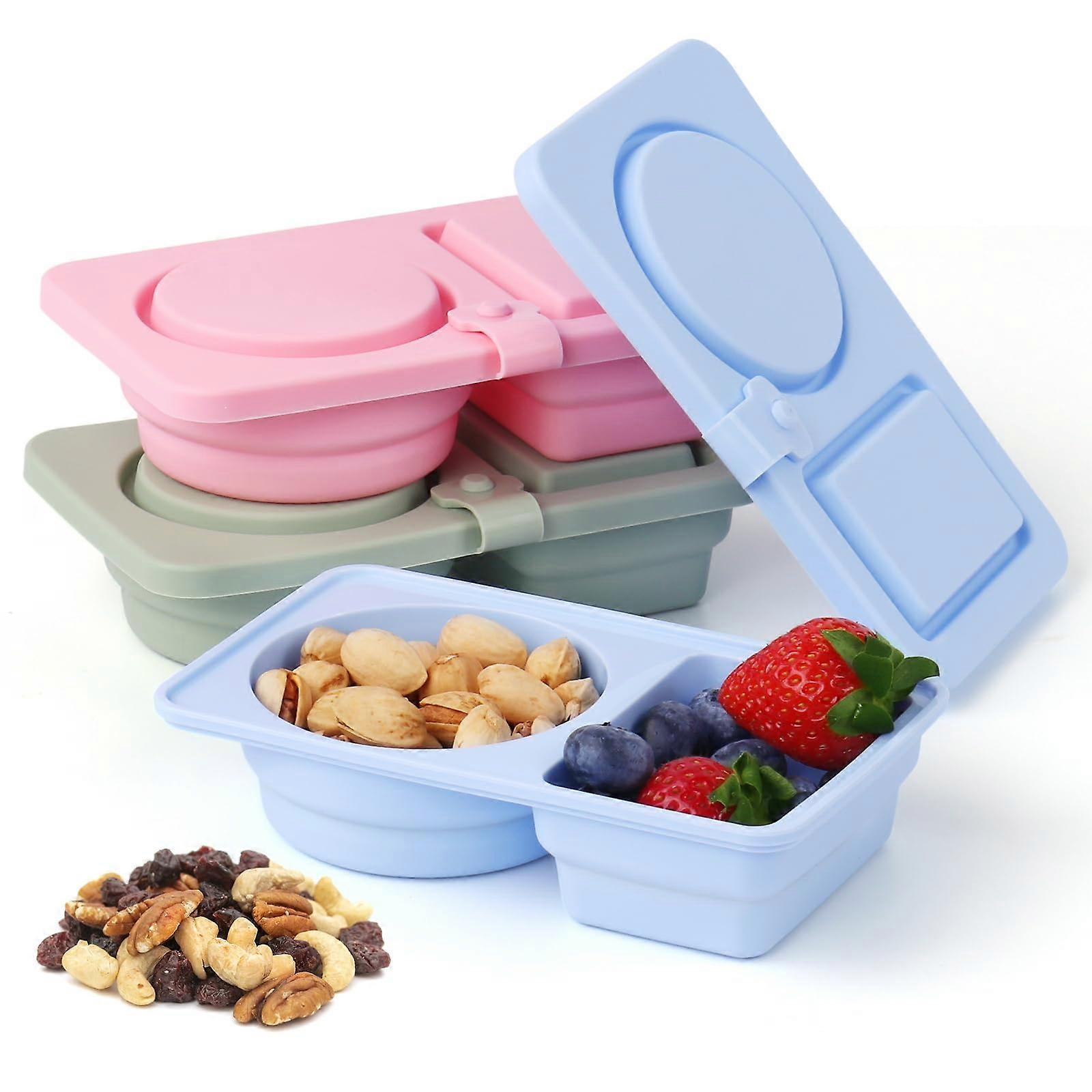 3 Pack Silicone Snack Containers for Kids, Reusable LeakProof Double Compartment Snack Box