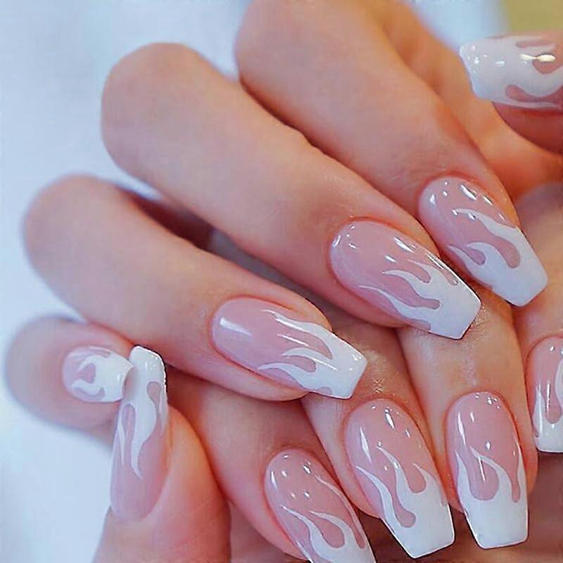 Light Pink Coffin Press On Nails with White Flame Design, 24pcs Reusable Acrylic False Nail Kit