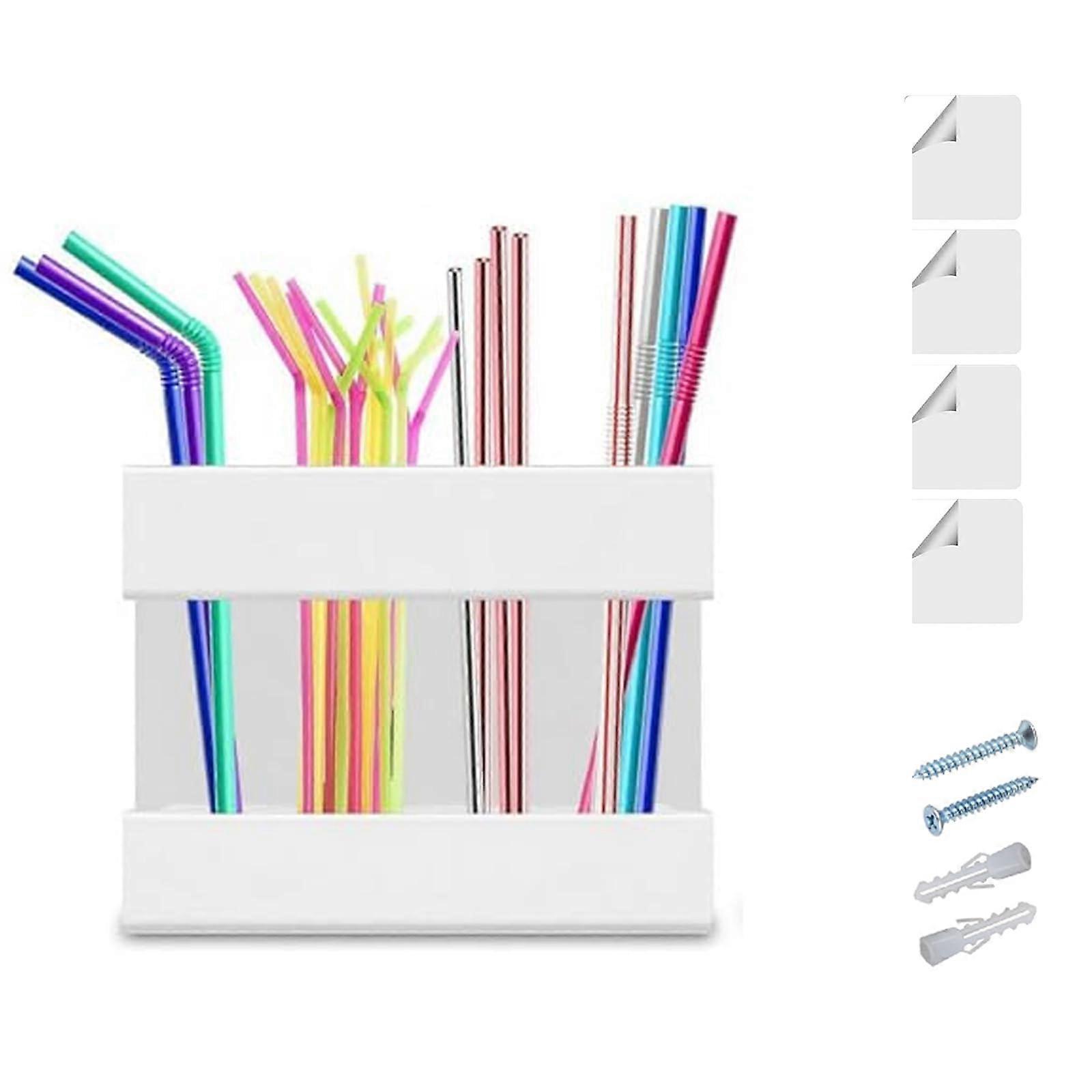 Cabinet Straw Holder Acrylic Organizer with Adhesive SpaceSaving Kitchen Storage White