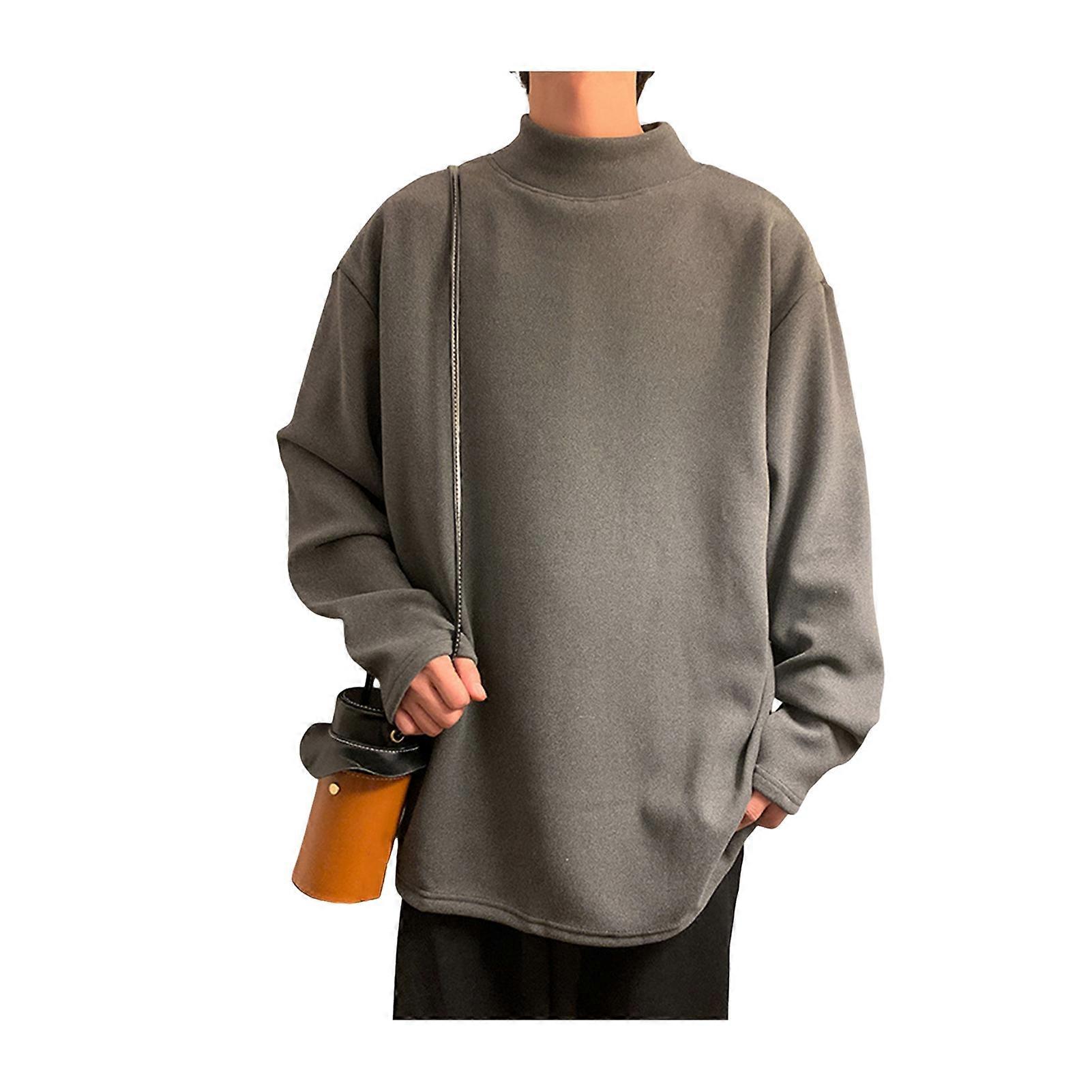 Men Fall Winter Top Half-high Collar Loose Solid Color Thickened Mid Length Pullover Long Sleeves