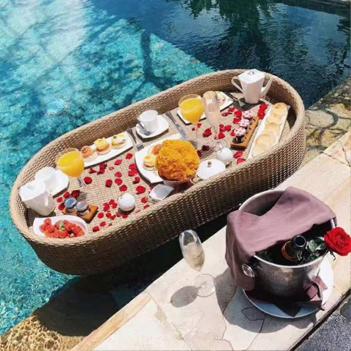 Rattan Pool Float with Stable FoamLined Flotation, Lightbrown Oval Floating Breakfast Tray for Beach and Pool