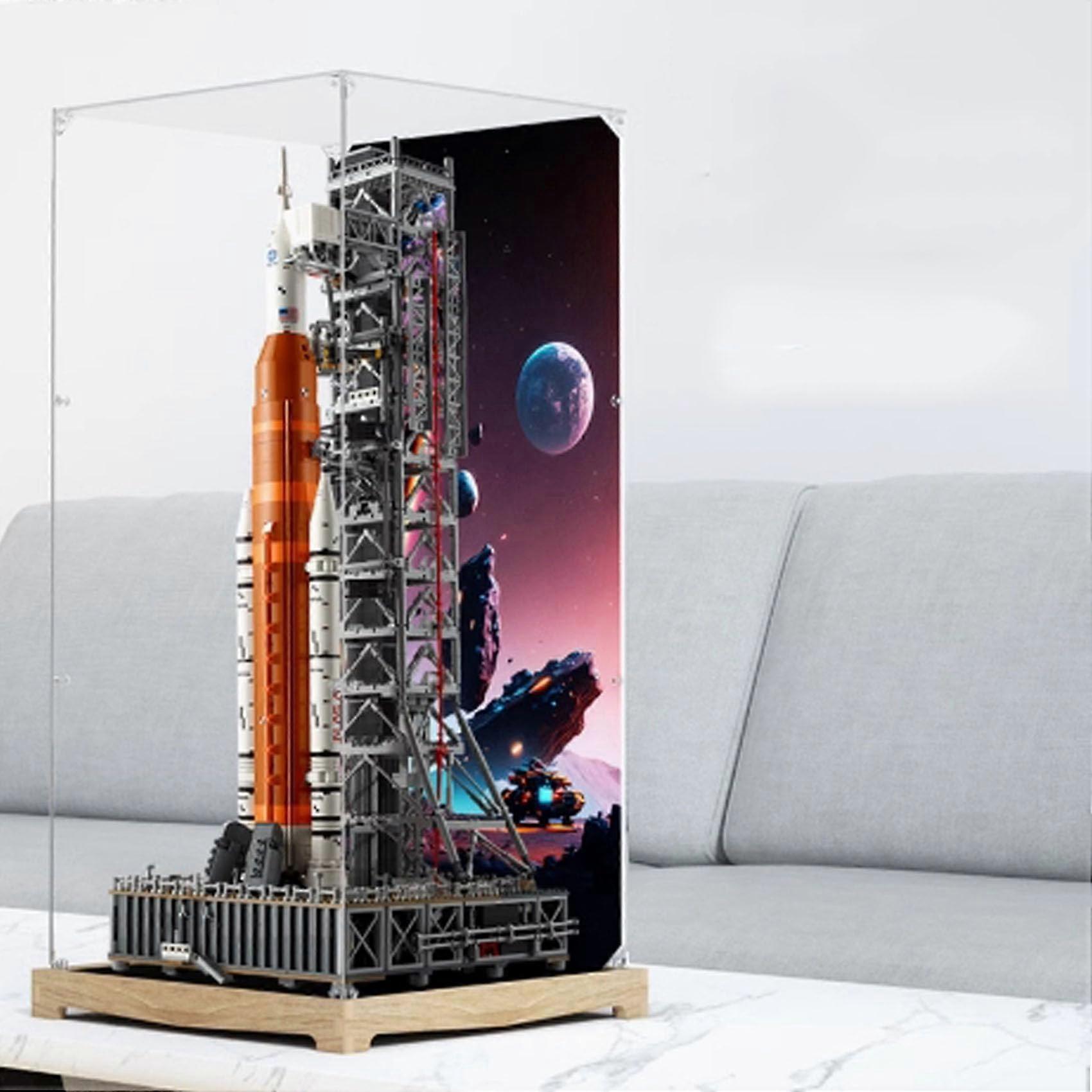 Display Case for  10341 Space Launch Model, Clear Acrylic Dustproof Box with Warm Log Finish
