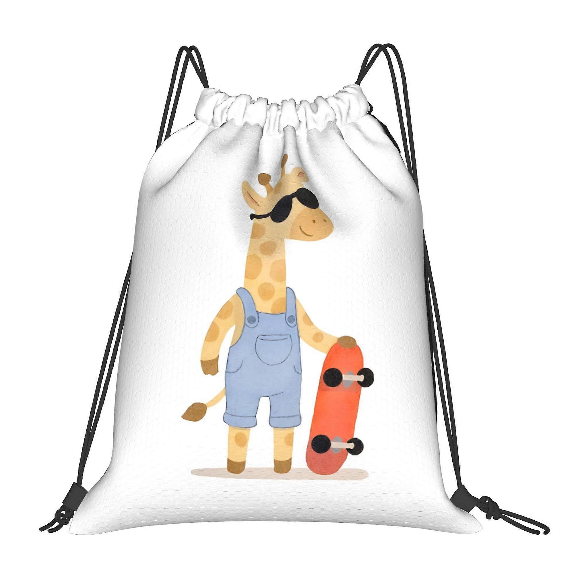 Backpack with a Drawstring Featuring a Skateboarding Giraffe-Cqazw