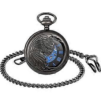 Unisex Hand-Wind Analog Black Pocket Watch with Chain, Mechanical Movement, Stainless Steel, Gift for Men Women