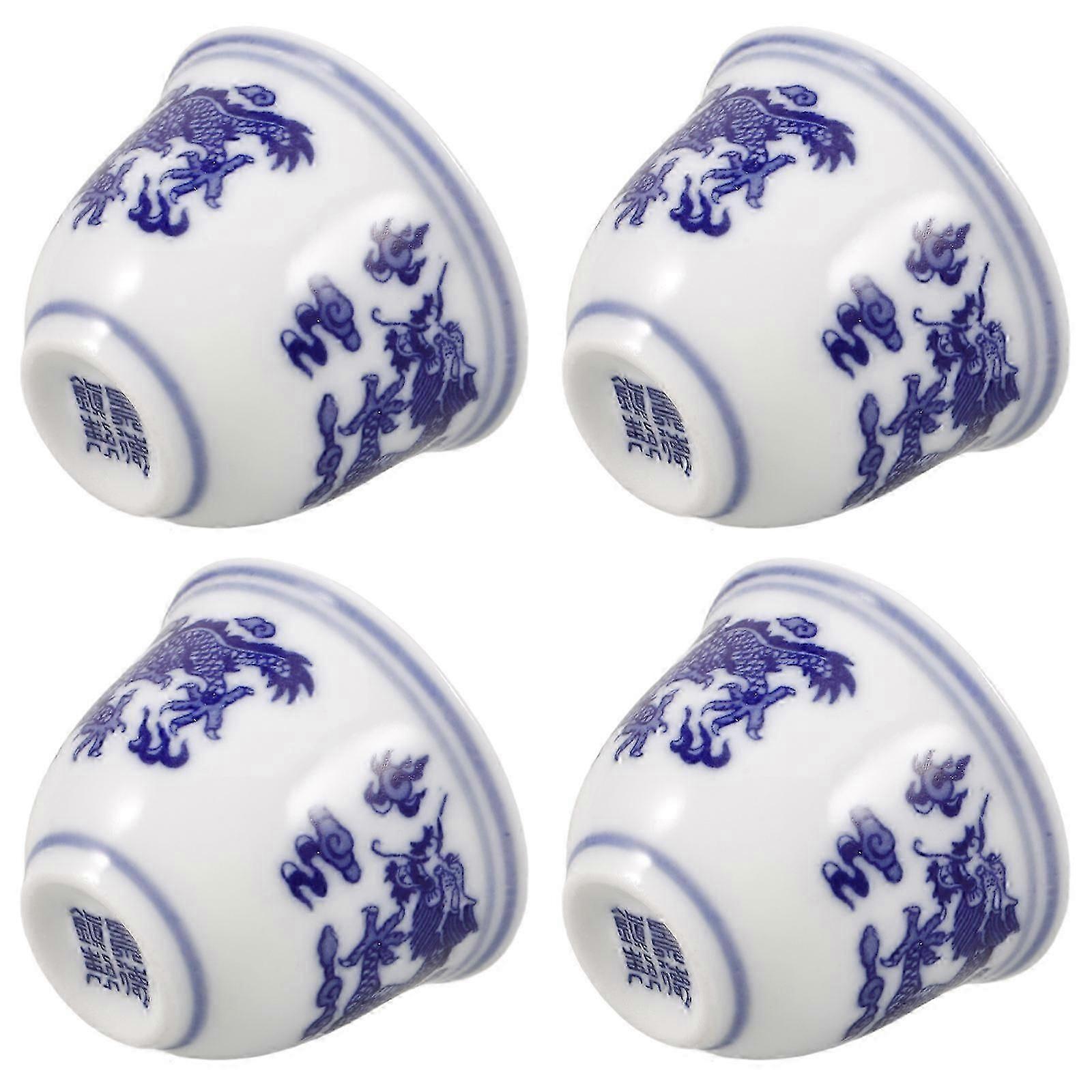 Blue White Porcelain Ceramic Tea Cups Set of 4, 25ml Mini Cups, Dishwasher Safe, Heat Resistant for Home Tea House