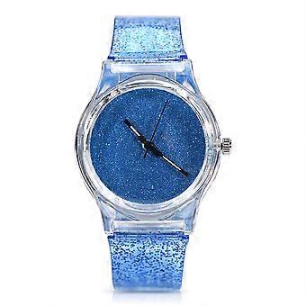 Montre-bracelet  quartz pour femme, bracelet rond en plastique, poudre paillete (bleu)