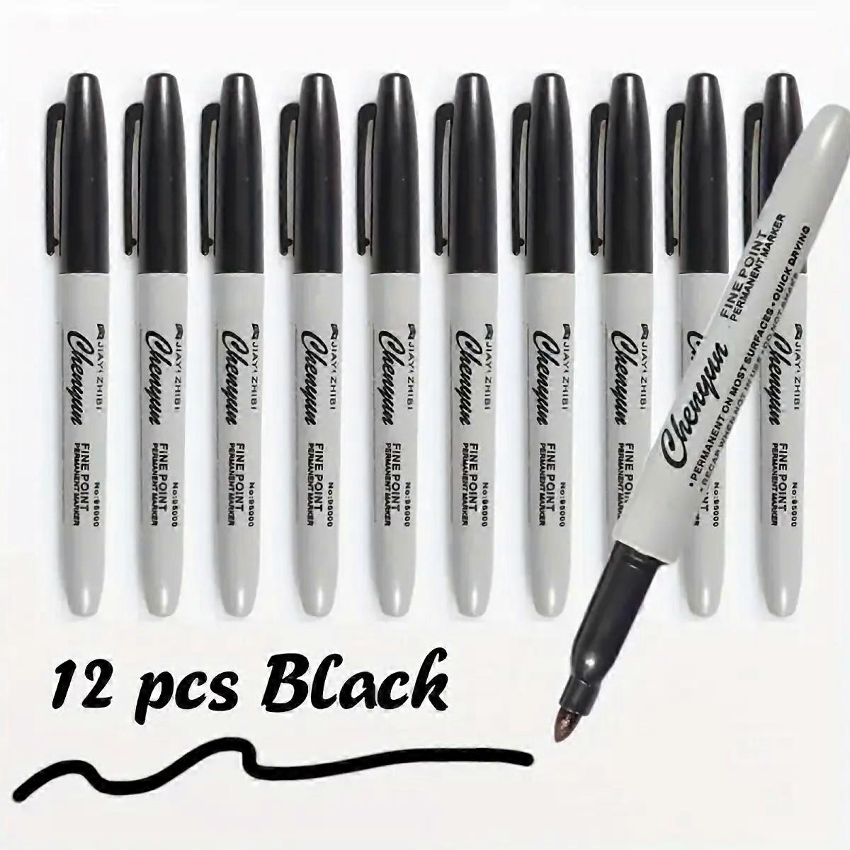 12pcs Black Permanent Marker Pens, Fine Tip, Waterproof, Quick Drying