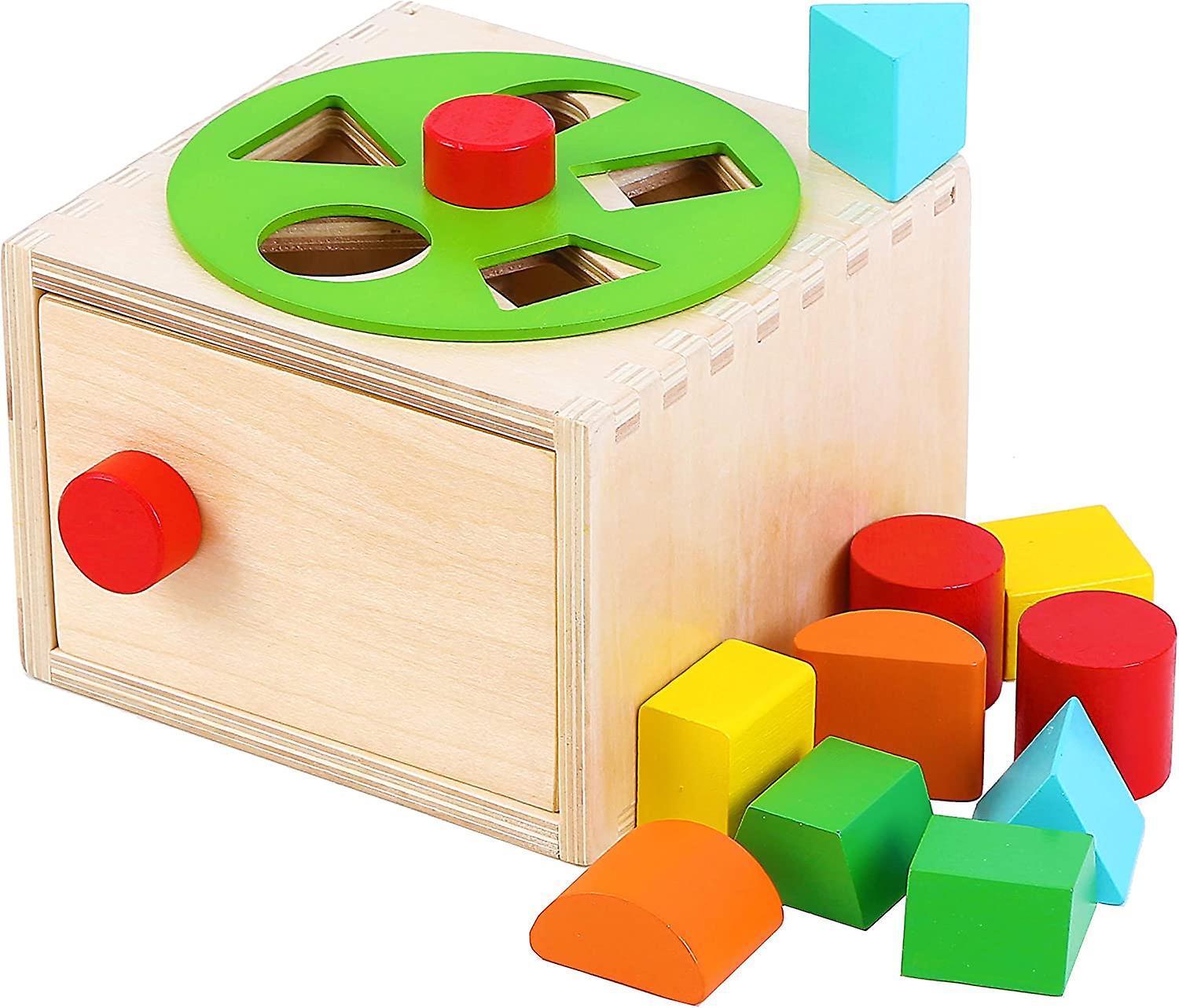 TOWO Wooden Shape Sorter - Sorting Box with Latch Lock - Rotating Wheel -Screw- and Shape Blocks- Sorting Cube Educational Toys for Kids Early Learnin