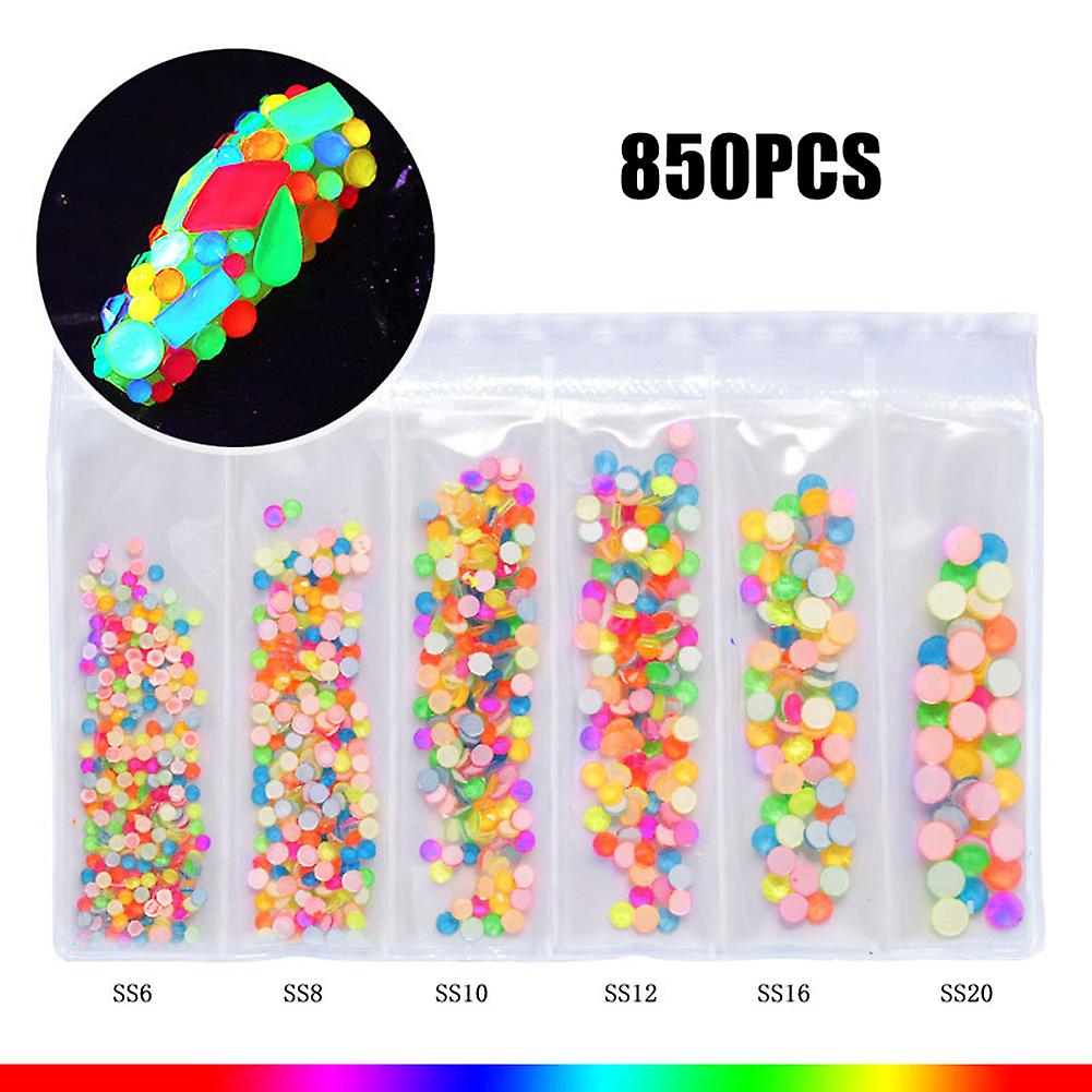 850pcs Multi Mixed Size SS8-SS20 Crystal Luminous Stones Nail Art Decorations DIY Flatback Fluorescence Nail Rhinestone
