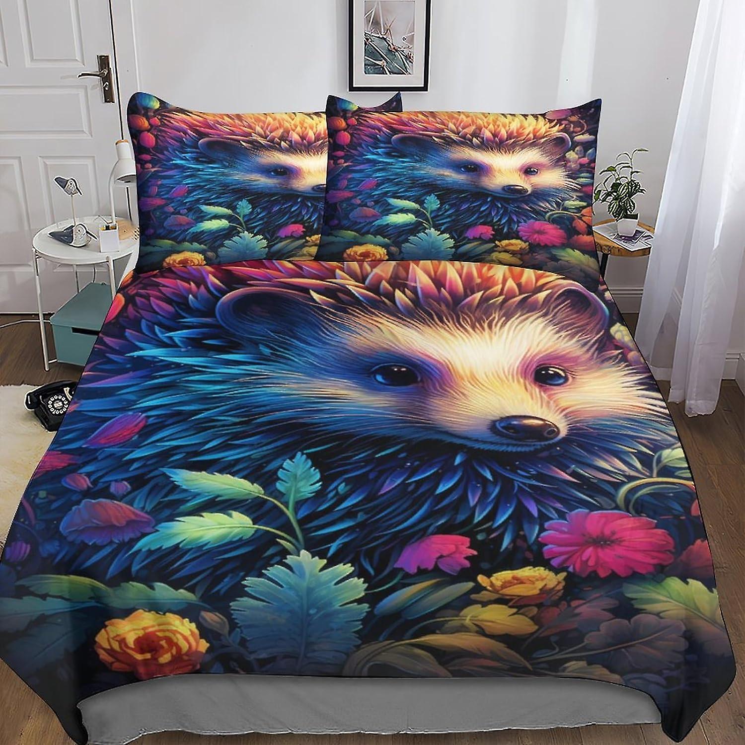 VCLUST Hedgehog Bedding Set Housse de couette Housse de couette en microfibre douce Fermeture éclair cachée Thornball Quilt Cover avec conception d’impression 3D pour enfants adolescents adultes 3 pièces