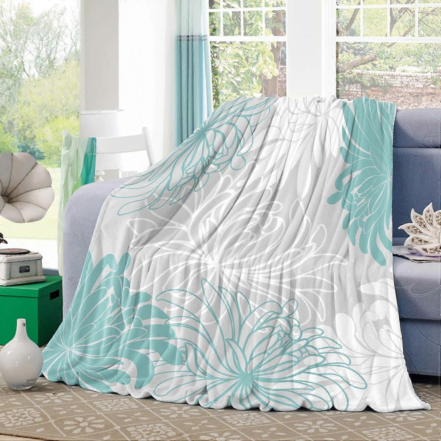 Blossom Chrysanthemum Flower Flannel Fleece Blanket 30"x40" Soft Cozy Throw Blankets Teal White Lightweight Sofa Couch Throws for Kids/Boys/Girls/Teen