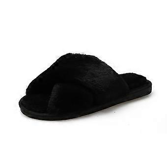 Warm Fluffy Slippers Women Cozy Faux Fur Cross Indoor Floor Slides