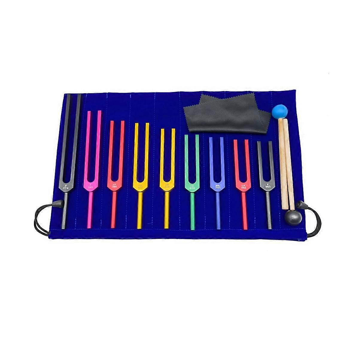 9Pcs fargerike Solfeggio aluminiumslegering stemmegafler, terapi tuning gafler, tale terapi