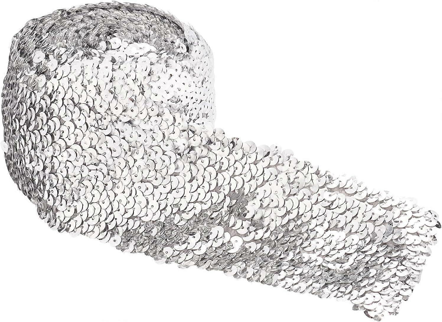 5.5 Yards 3 Inch Wide Sequin Trim Sliver Elastic Sequin Ribbon Flat Curtain Ribbon Stretch Bling Paillette Ribbon Silver Sequin Fabric Trim for Dress