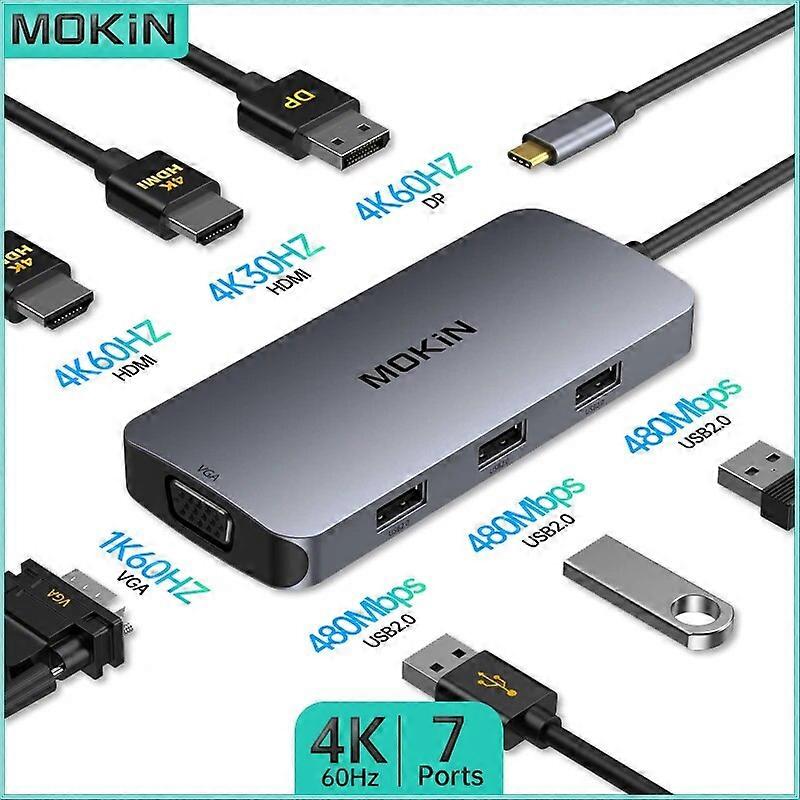 MOKiN 7 in 1 Docking Station with 4K60Hz HDMI for MacBook Air Pro iPad Thunderbolt Laptop USB2.0 DP 4K60Hz VGA 1K60Hz