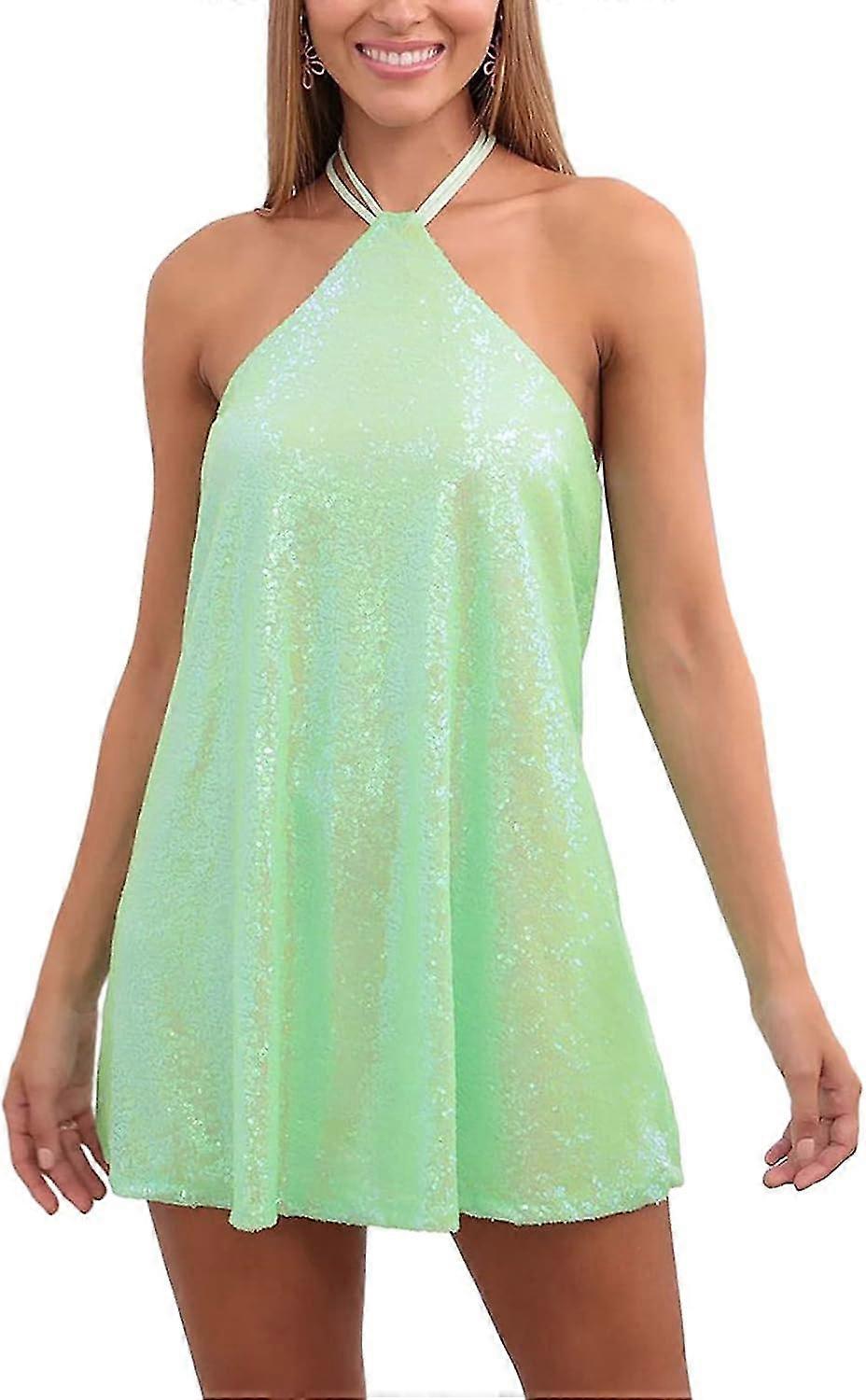 Kadın Işıltılı Pullu Mini Elbise Spagetti Askı Backless A-Line Geri Hollow Out Yüksek Bel Zarif Parti Elbise