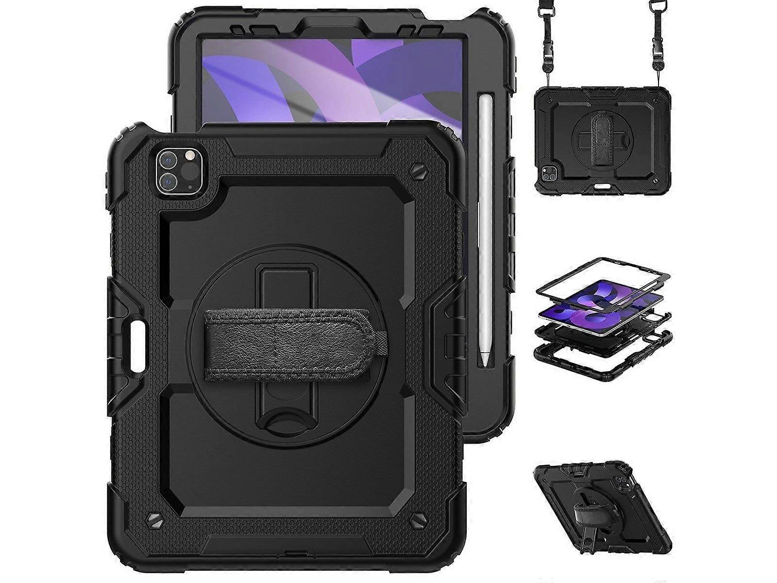For iPad Shockproof Protective Case with Screen Protector Shoulder Strap Black