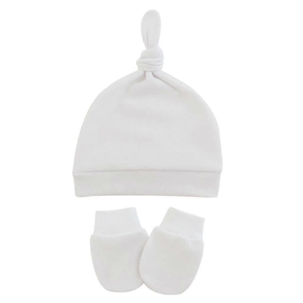 2 Pcs Cute Tail Knot Turban Beanie Cap Soft Cotton Comfy Baby No Scratch Mittens( Color : White )