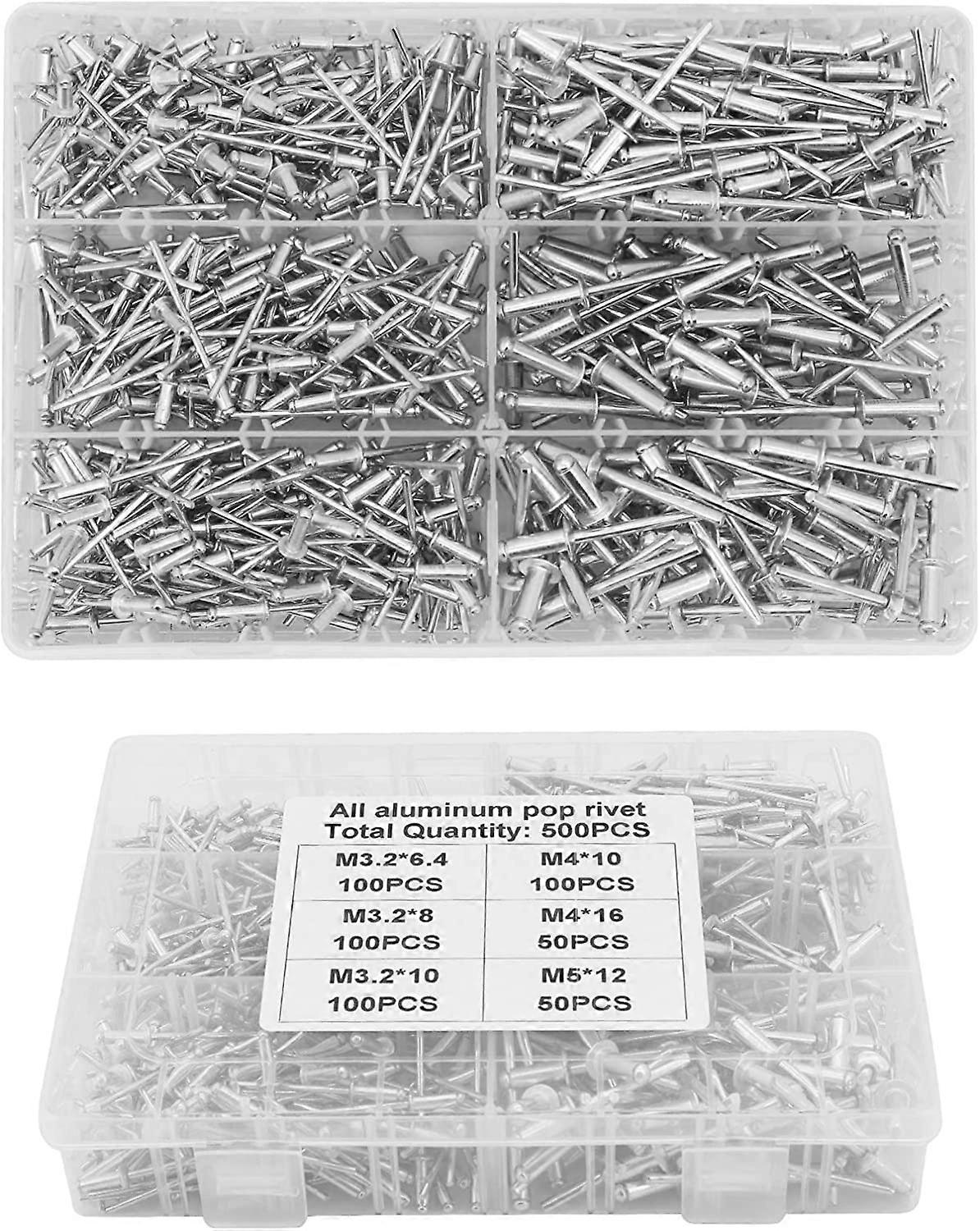 Blind Rivets, 500 Pcs M3.2 M4 M5 Aluminum Blind Rivets Aluminum Rivet Pop Rivets Assorted Rivets with Box for Metal, Wood, Plastic