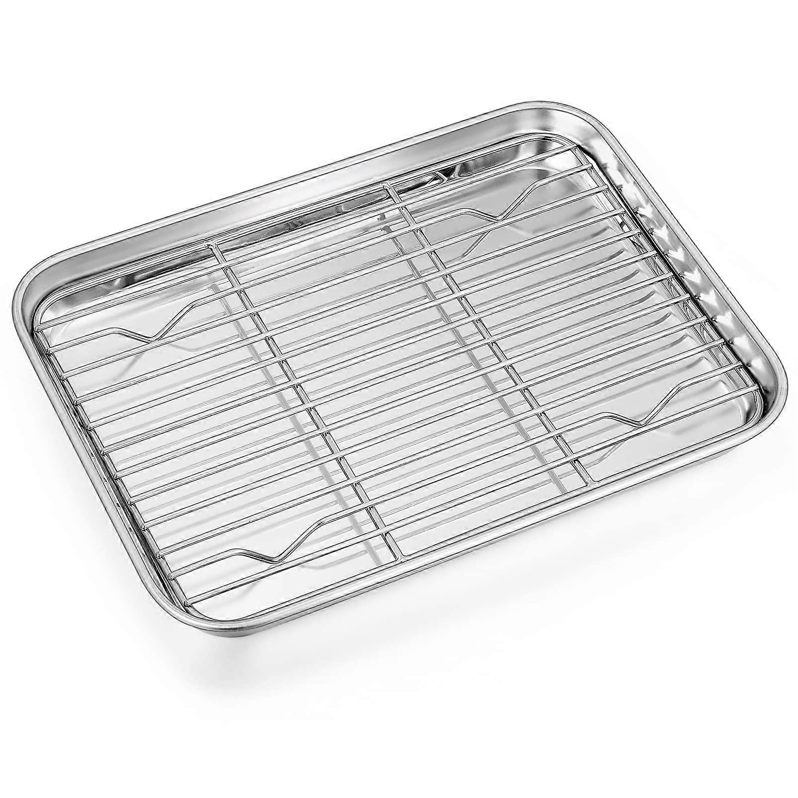 Toaster Oven Pan with Rack Set, Stainless Steel Broiler Pan with Cooling Rack, Mini Rectangle 9x 7x1, Mirror Finish