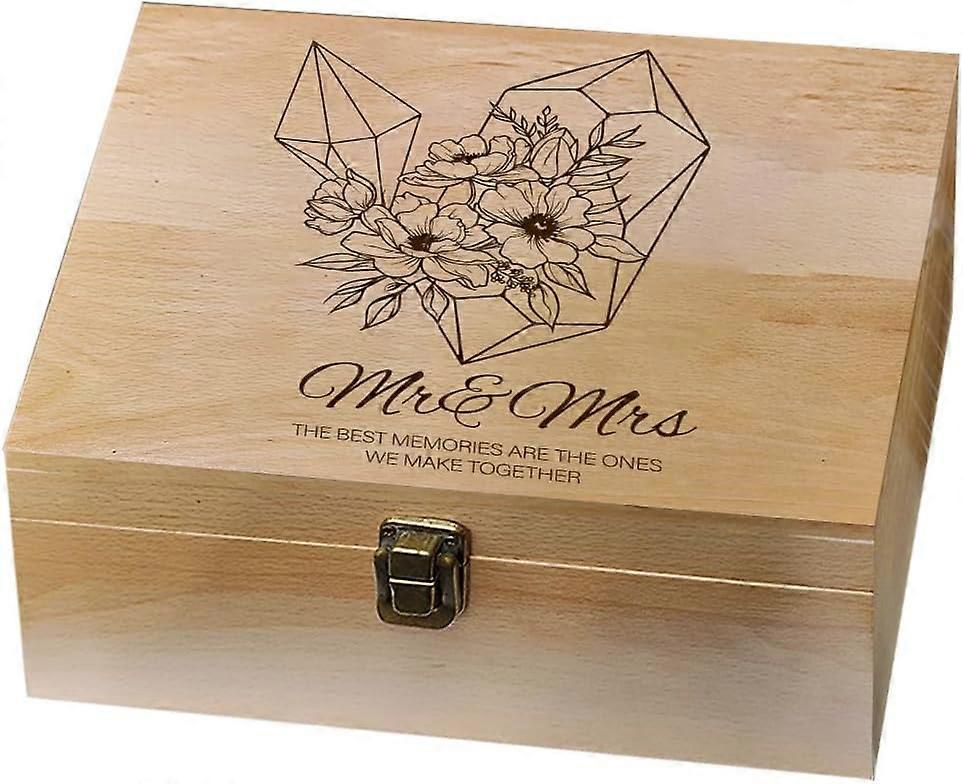 1 Pc Wood Memory Keepsake Box Decorative Boxes Crystal Flowers Mr. Mrs Love Memory Box with Hinged Lids Keepsake Chest for Wedding Anniversary Picture