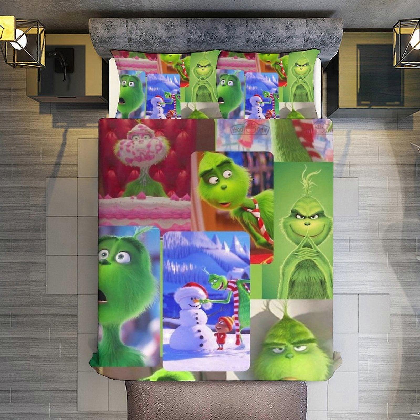 v721 Lençóis de Cama Natal Grinch 3 Peças Conjuntos Tamanho Completo/Queen Size - Colchas de Microfibra Reversíveis com 2 Fronhas Colcha de Cama Leve e Macia