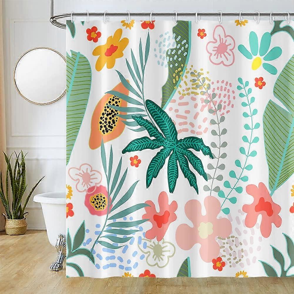 熱帯の葉のシャワーカーテンかわいい花緑の葉明るいカラフルな自然植物シャワーカーテンバスルームの装飾防水ポリエステル生地セット
