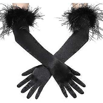 Lange Opera Handschuhe schwarz Satin Feder Handschuhe Braut Fancy Dress Handschuhe