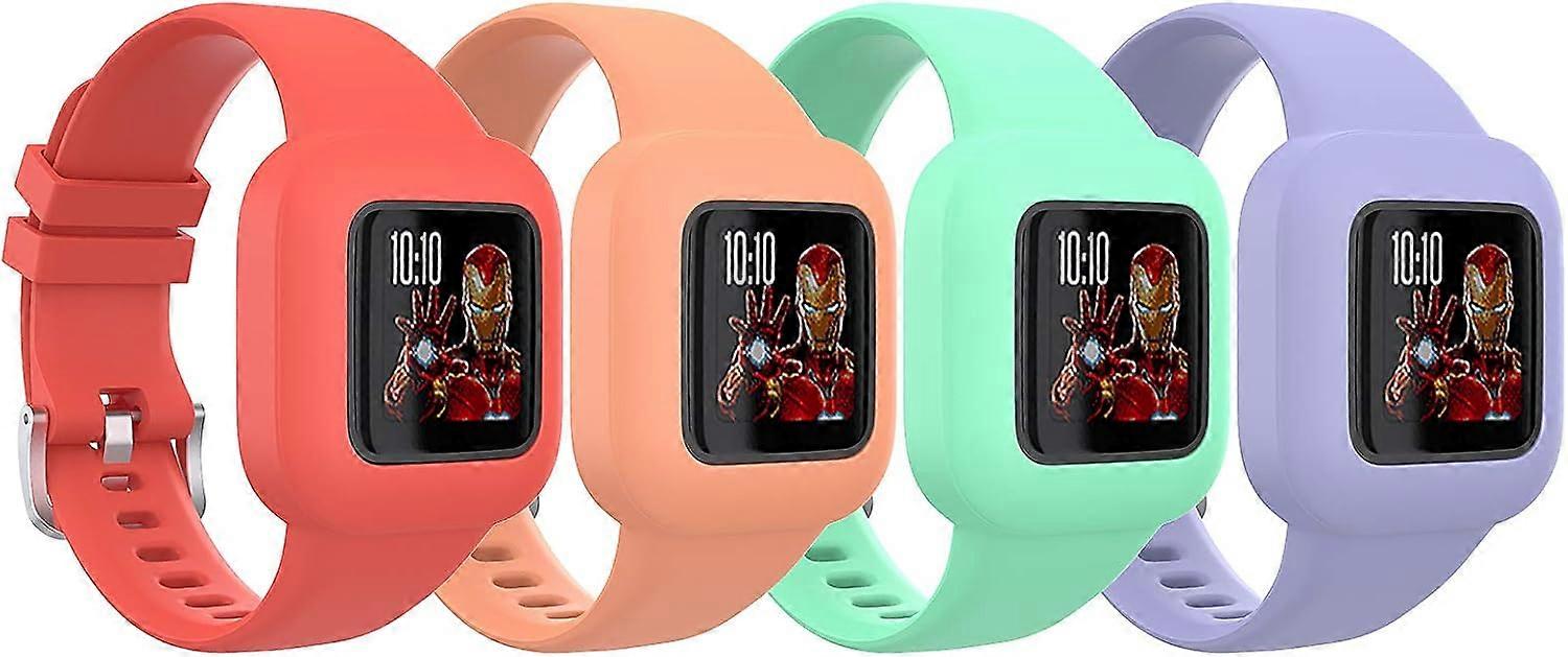سوار متوافق مع Garmin Vivofit jr 3،4-PACK سوار معصم سيليكون ناعم ، ملحقات حزام بديل قابل للتعديل للأطفال - أحمر / برتقالي / أخضر / بنفسجي