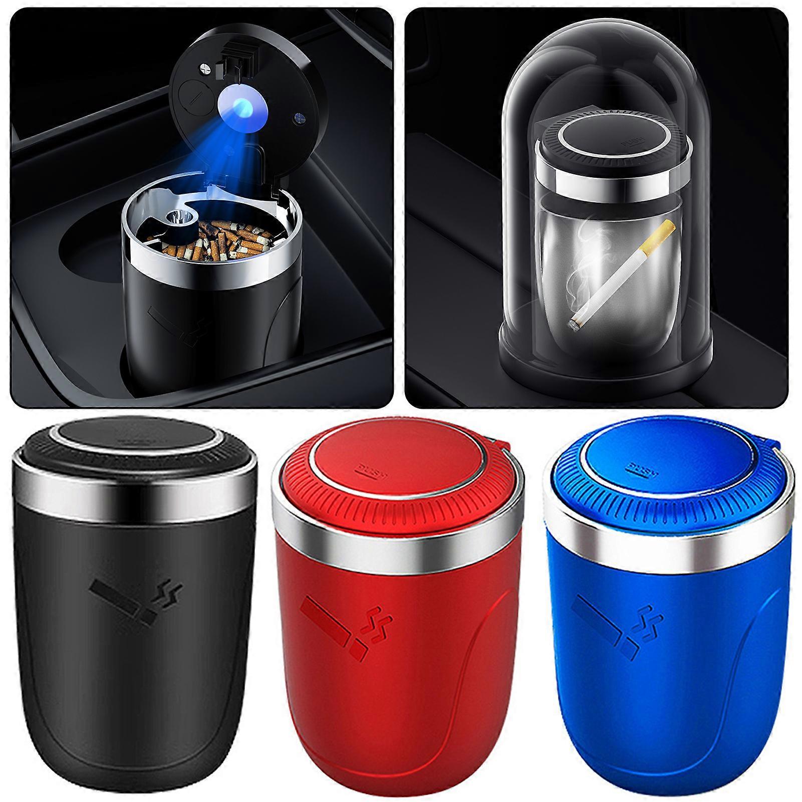 Car Ashtray with Lid & LED Blue Light, Portable Smokeless Stainless Steel Trash Can, Vehicle Accessory, Fits Most Car Cup Holders