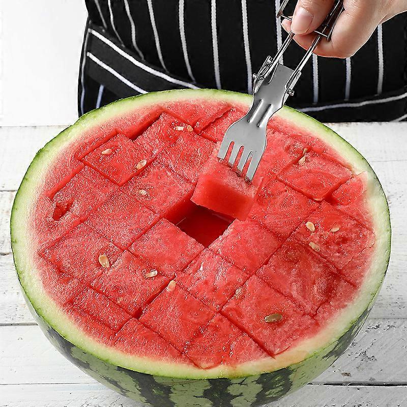 2-in-1 Stainless Steel Fruit Cutter, Foldable Watermelon Fork Slicer CutterSlicer Tool Melon Cube Cutter, Dual Head Foldable Fruit Forks Slicer Knife,