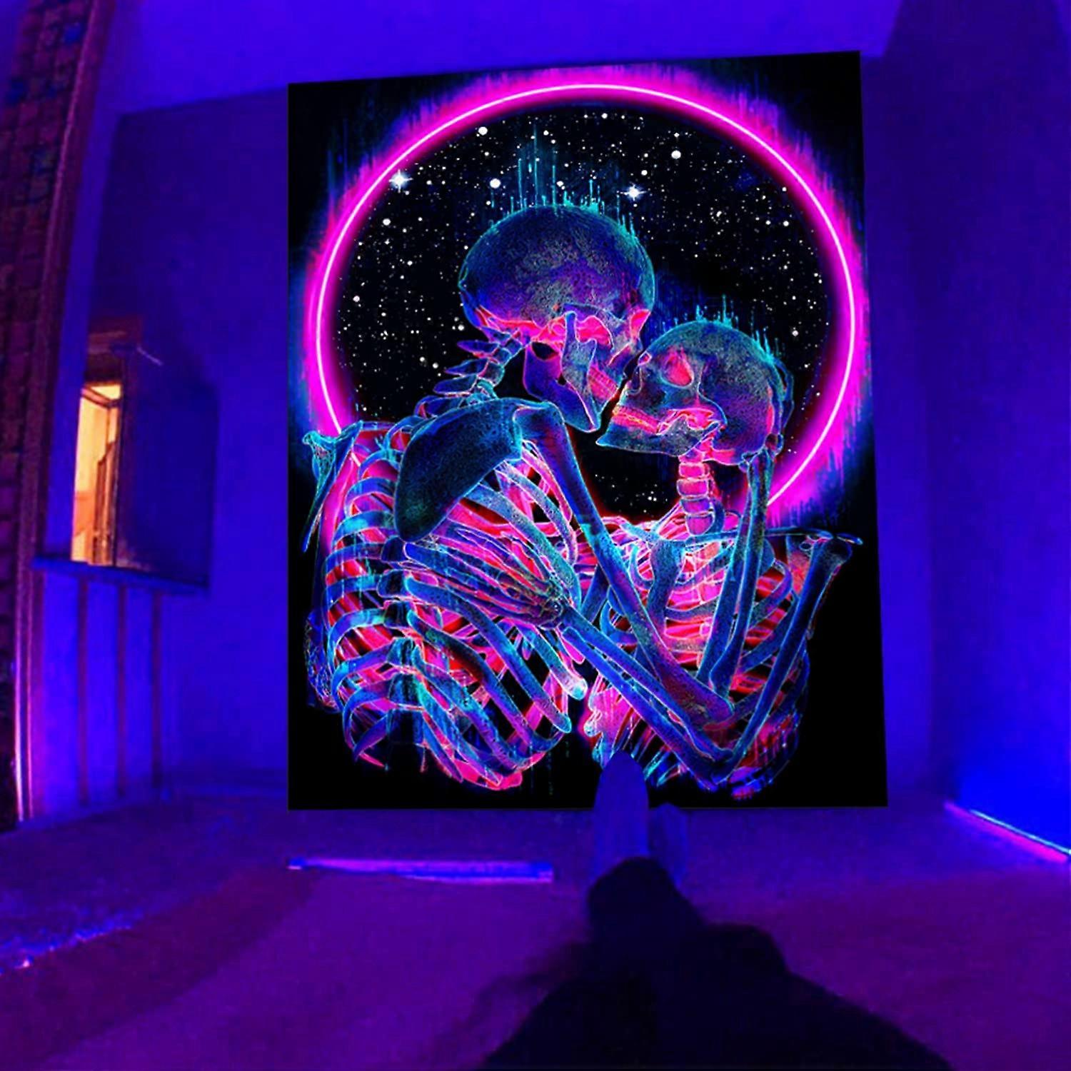 Skull Tapestry, The Kissing Lovers Tapestry UV Reactive Trippy Psychedelic Neon Tapestries Glow in the Dark