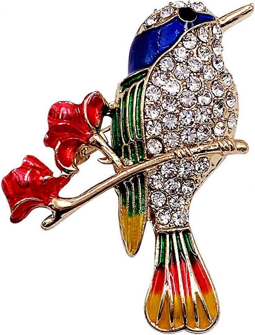 Elegant Bird Enamel Hummingbird Brooch Pin Gold Tone Clear Crystal