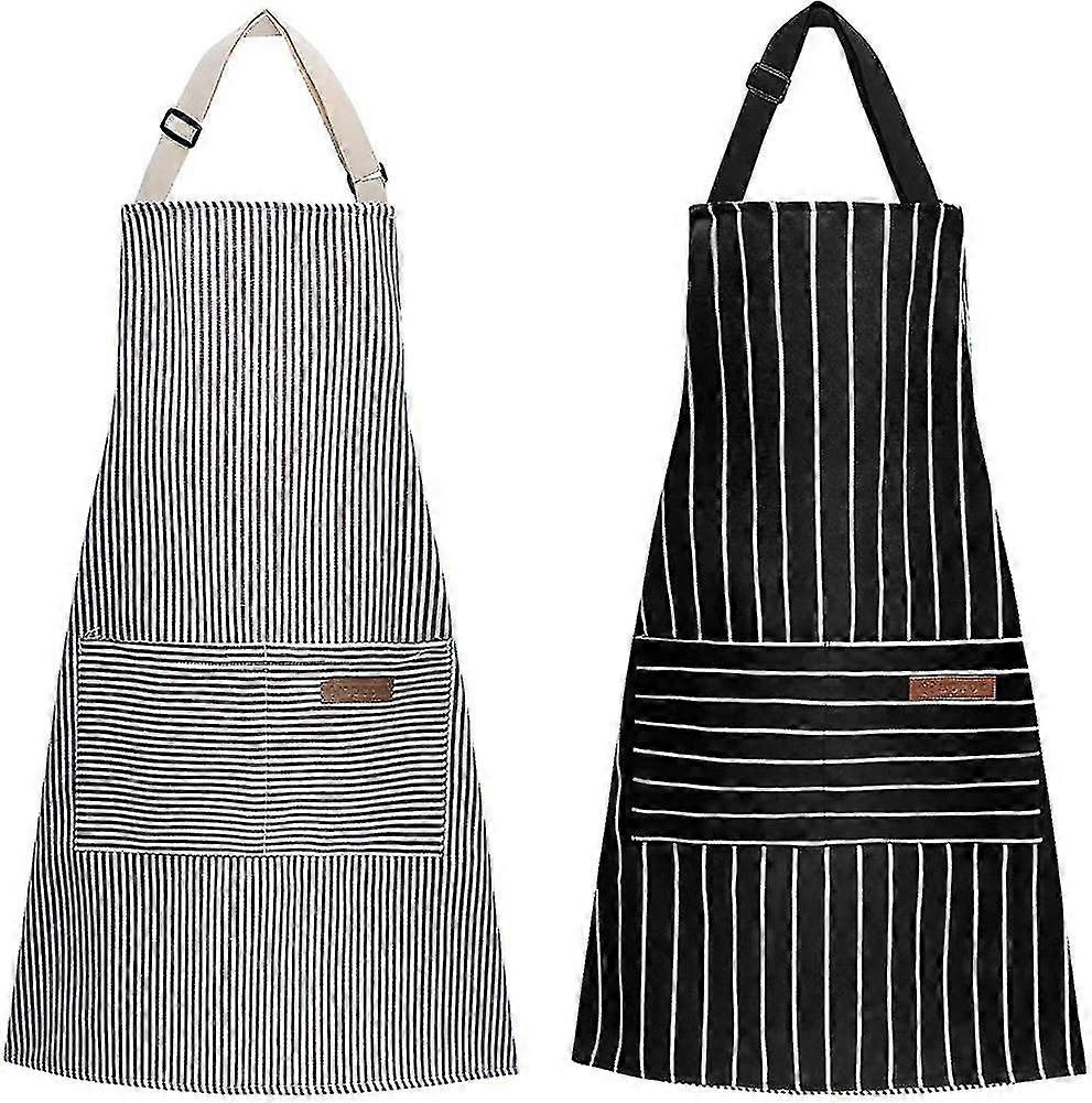Unisex Adjustable Bib Apron - 2pcs Striped Cooking Kitchen Apron With 2 Pockets