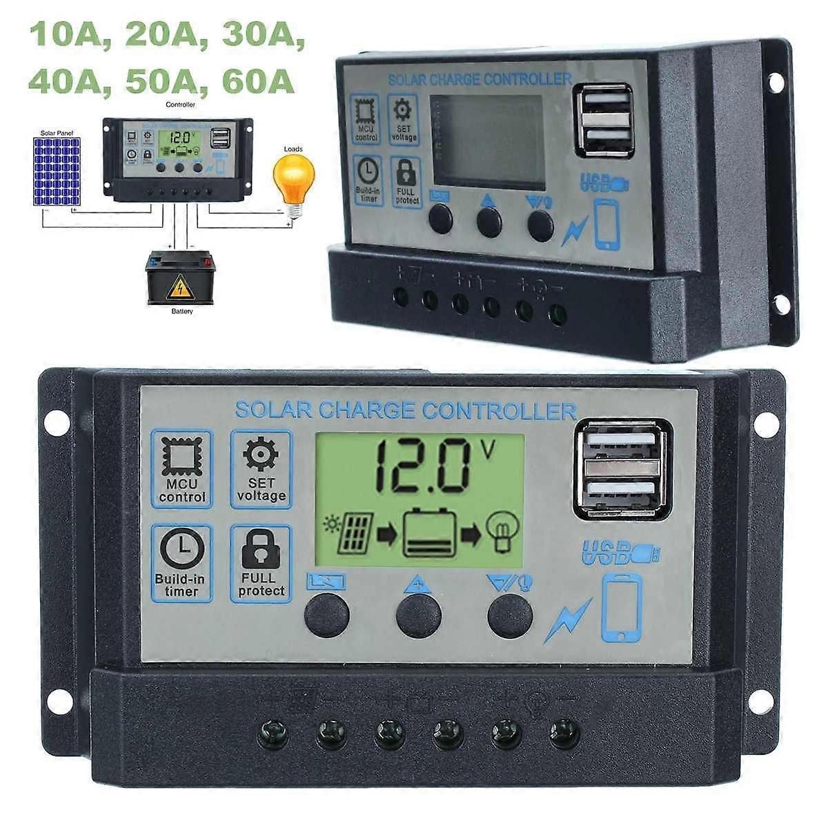 10-60A Solar Charger Controller 12V 24V Solar Auto PWM Controllers Panel Battery LCD Display 5V Dual USB Output Regulator