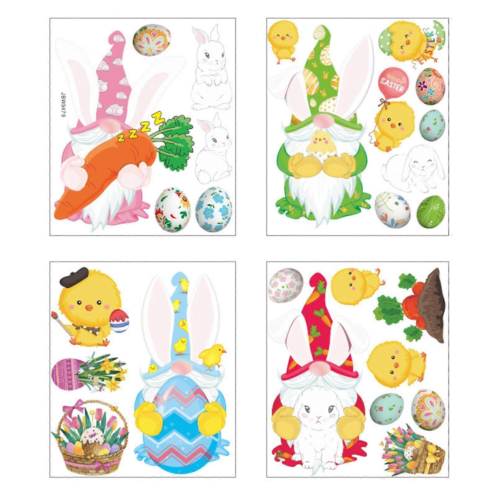 4pcs Easter Window Clings Bunny Gnome Eggs Chick Wall Sticker Refrigerator Decal