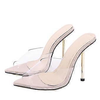 2022 Nouveau Pvc Transparent Talons Hauts Femme Plume Fourrure Pantoufles Pompes Femmes Peep Toe Mules Lady Slippers Toboggans