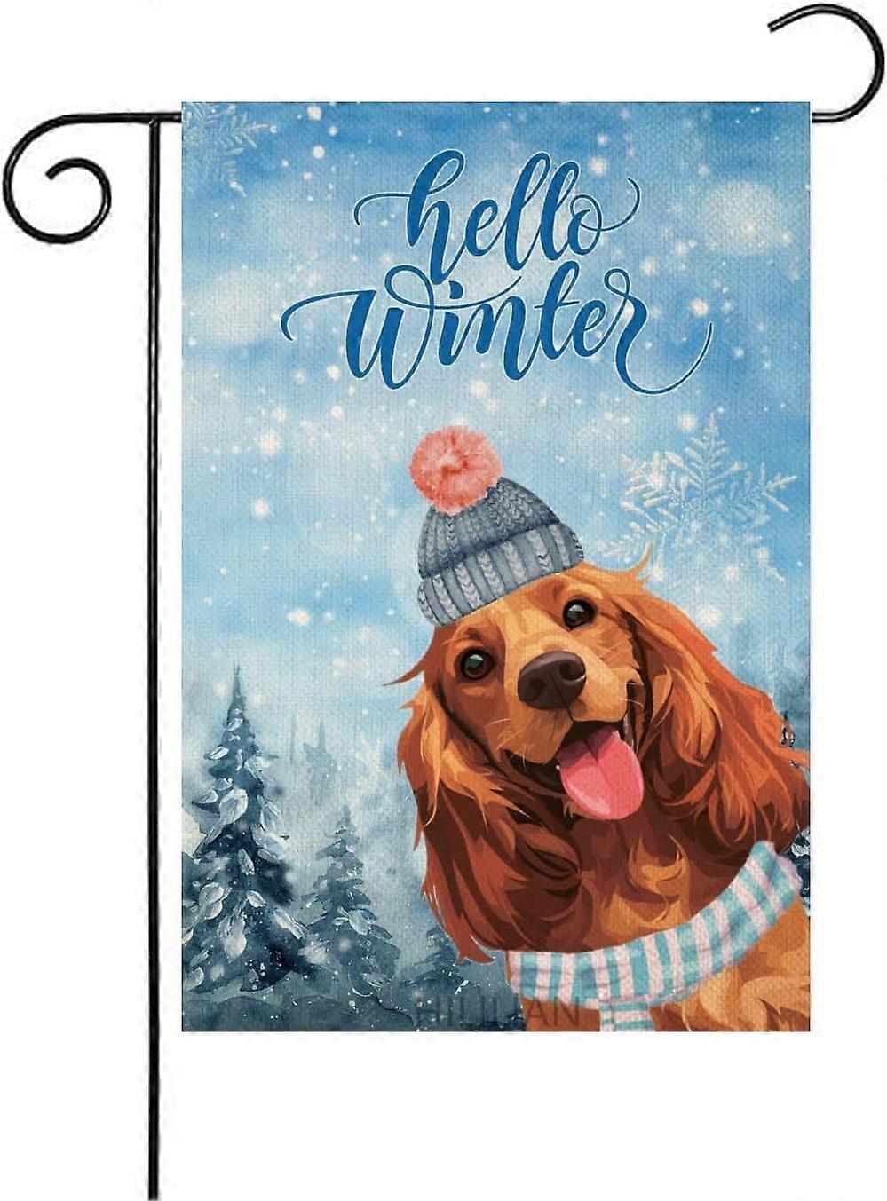 Bandeira de Jardim Hello Winter Cocker Spaniel 28x40 Polegadas Dupla Face, Cão com Chapéu de Cachecol Decoração de Jardim Pequena