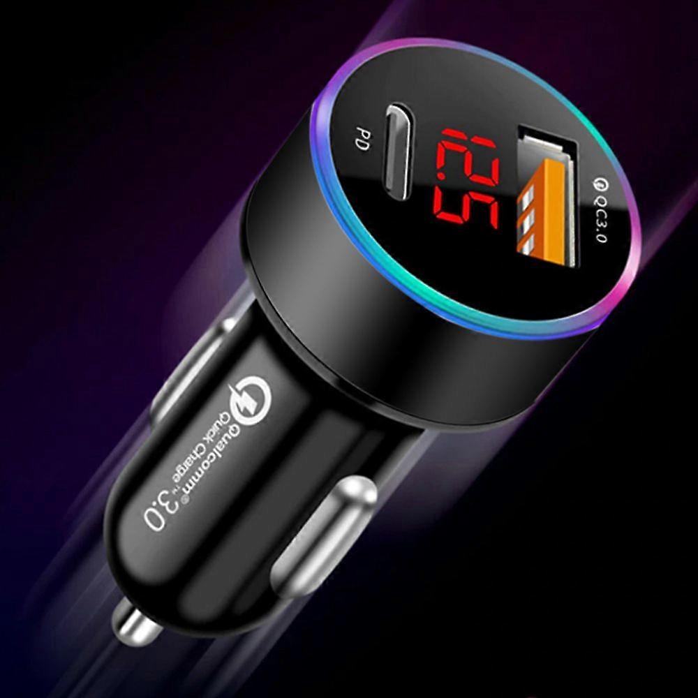 QC3.0+PD Fast Charge Dual USB LED Digital Display Light Car Charger-Black (One Set)
