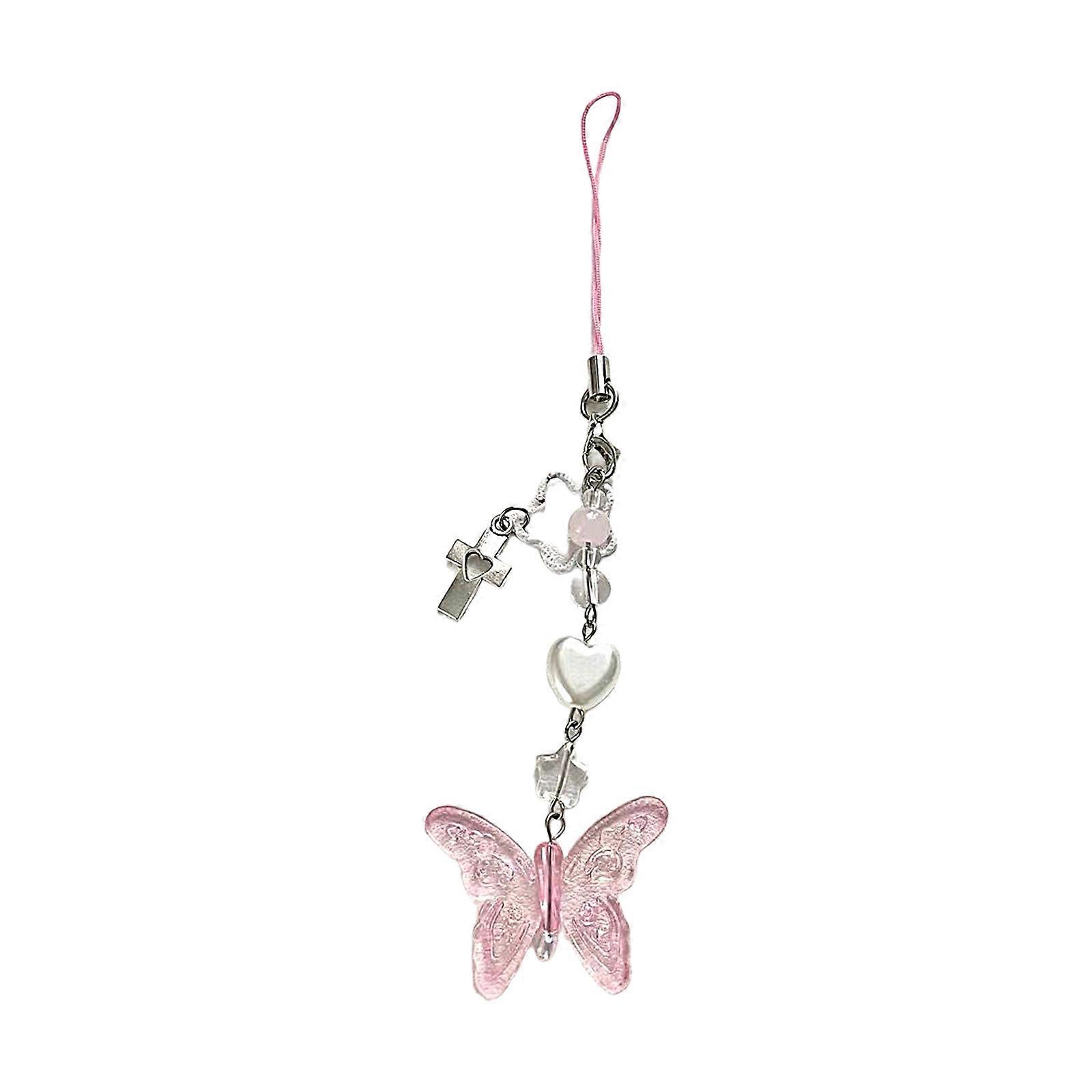 Multi Functional Butterfly Keychain Stylish Butterfly Keychain with Star Chain Pendant Portable Phone Charm Ornament Pink