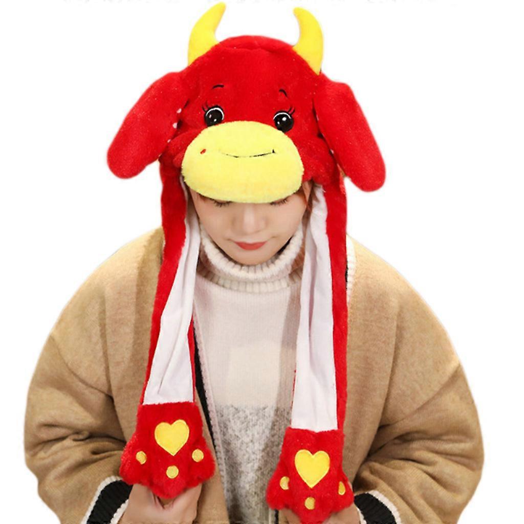 Funny Ox Animal Plush Hat with Moving Jumping Ears New Year Cartoon Stuffed Cap  Big red and golden m