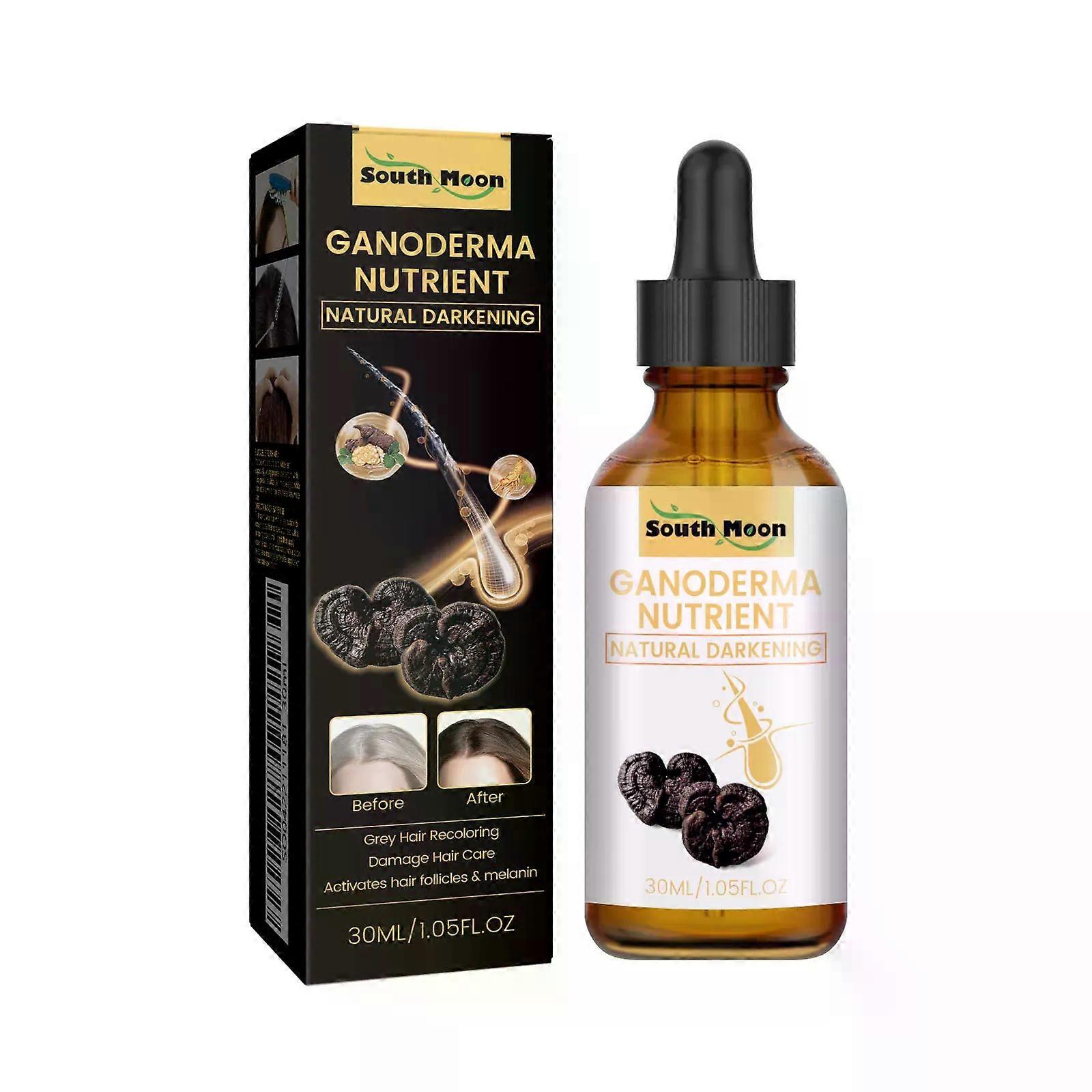 Siero per capelli scuri al Ganoderma South Moon da 30 ml, riparatore, nutriente, idratante, anti-ingrigimento, ispessente, da bianco a nero.
